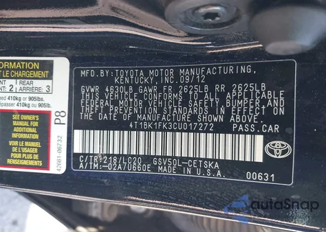 2012 Toyota Camry Se V6 z USA, uszkodzony, nr VIN 4T1BK1FK3CU017272